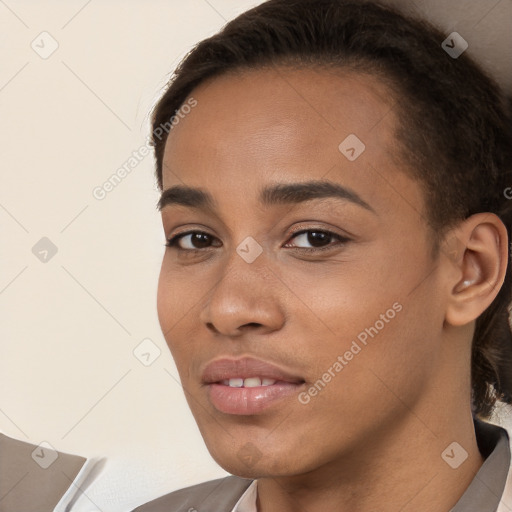 Neutral white young-adult female with short  brown hair and brown eyes