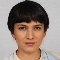 Neutral white young-adult female with short  brown hair and brown eyes