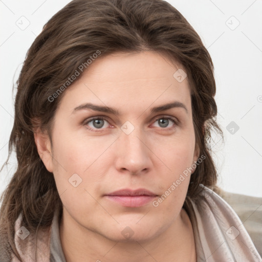 Neutral white young-adult female with medium  brown hair and grey eyes