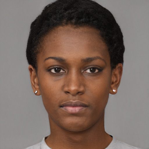 Neutral black young-adult female with short  black hair and brown eyes