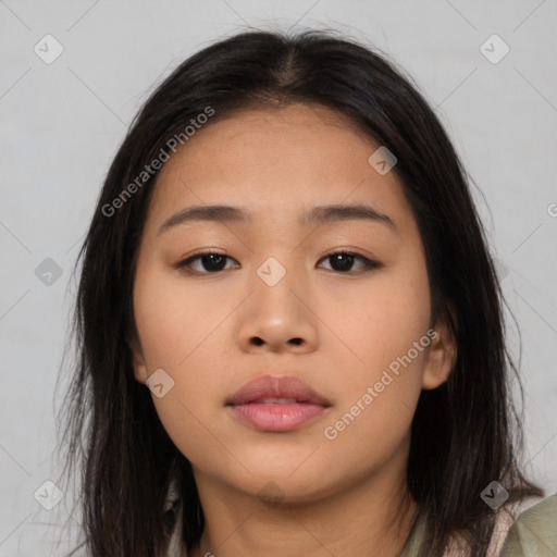 Neutral asian young-adult female with long  brown hair and brown eyes