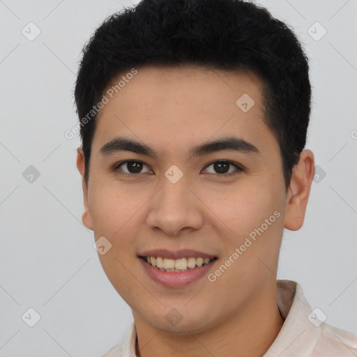 Joyful latino young-adult male with short  black hair and brown eyes