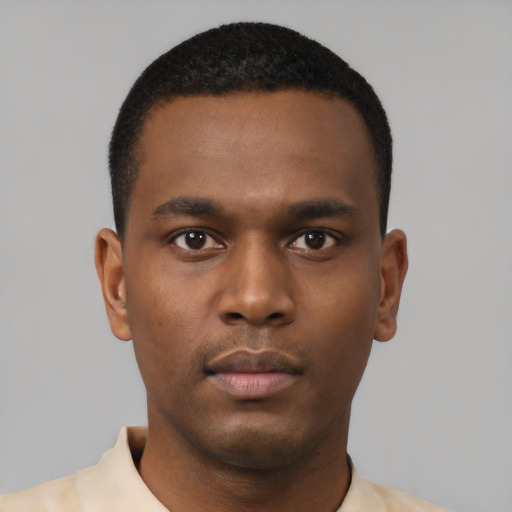 Neutral black young-adult male with short  black hair and brown eyes