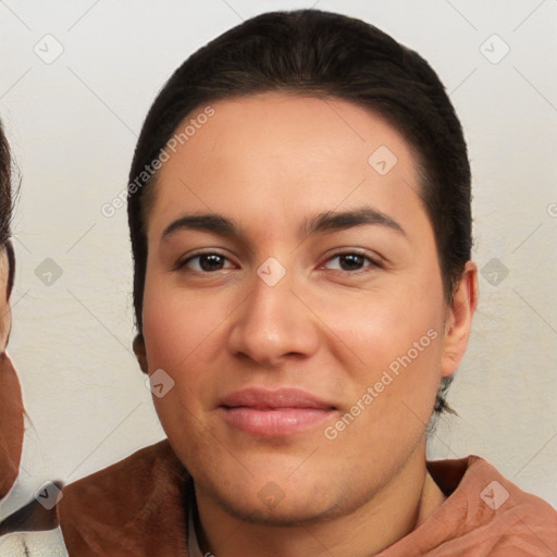 Joyful white young-adult female with short  brown hair and brown eyes