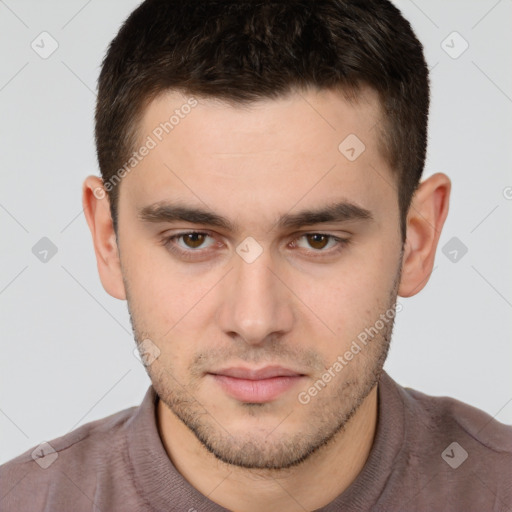 Neutral white young-adult male with short  brown hair and brown eyes