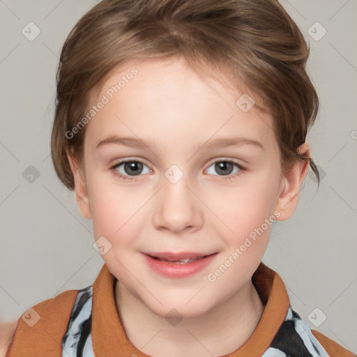 Joyful white child female with medium  brown hair and brown eyes