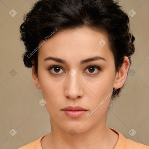 Neutral white young-adult female with short  brown hair and brown eyes