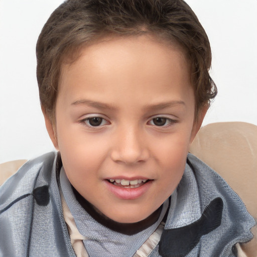 Joyful white child female with short  brown hair and brown eyes