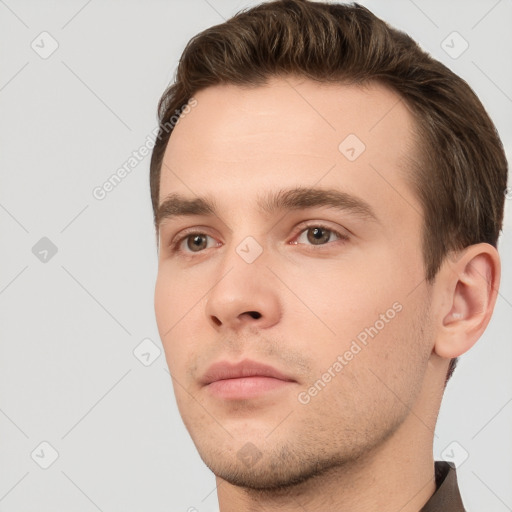 Neutral white young-adult male with short  brown hair and brown eyes