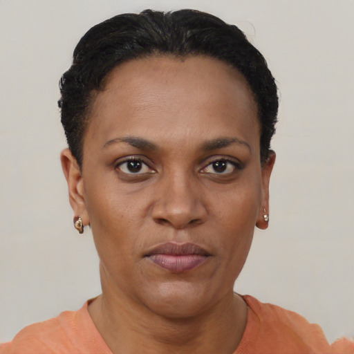Neutral black young-adult female with short  black hair and brown eyes