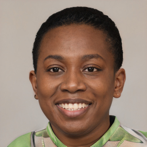 Joyful black young-adult female with short  black hair and brown eyes