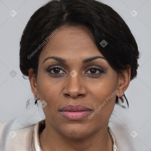 Joyful black young-adult female with medium  brown hair and brown eyes