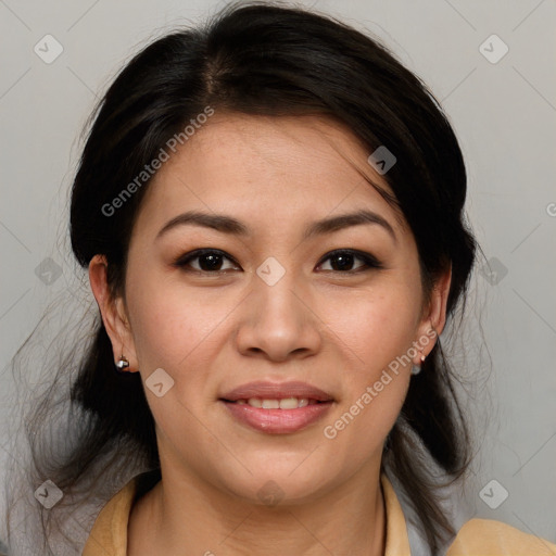 Joyful white young-adult female with medium  brown hair and brown eyes