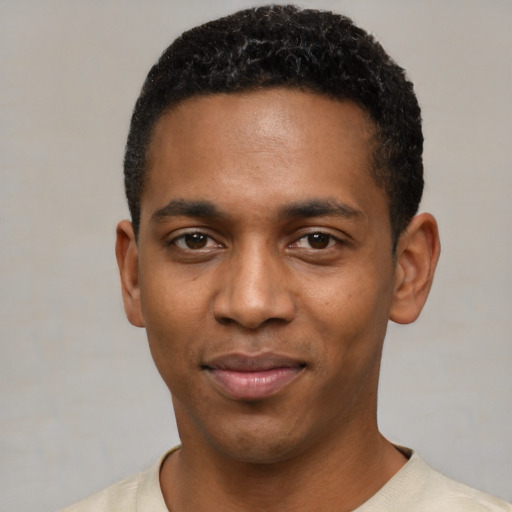 Neutral black young-adult male with short  black hair and brown eyes