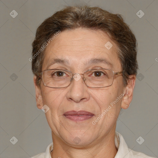 Joyful white middle-aged female with short  brown hair and brown eyes