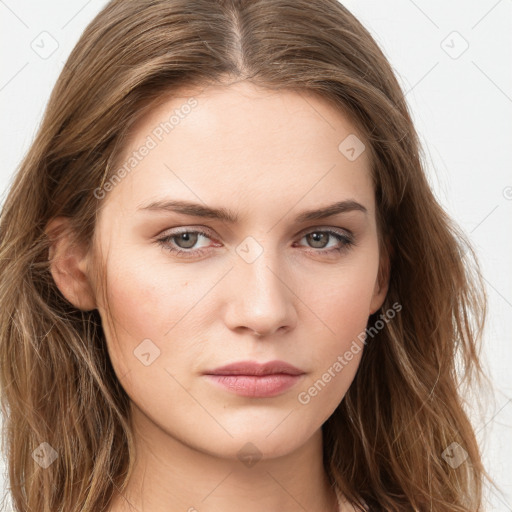 Neutral white young-adult female with long  brown hair and grey eyes