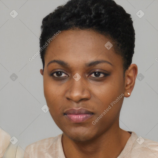 Neutral black young-adult female with short  black hair and brown eyes