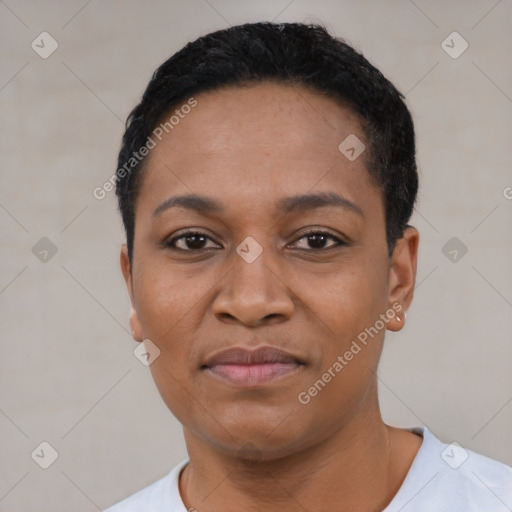 Joyful black young-adult female with short  black hair and brown eyes