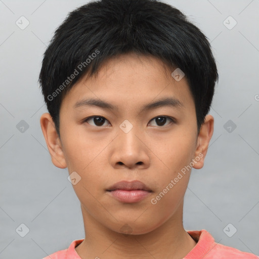 Neutral asian young-adult male with short  brown hair and brown eyes