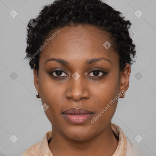 Neutral black young-adult female with short  black hair and brown eyes