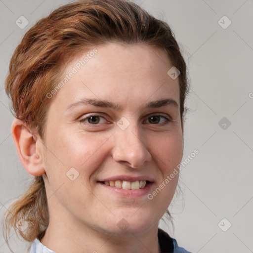 Joyful white young-adult female with medium  brown hair and grey eyes