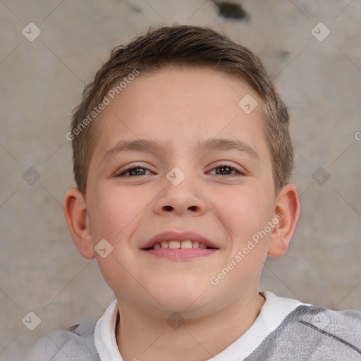 Joyful white child male with short  brown hair and brown eyes