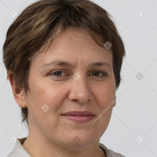 Joyful white adult female with short  brown hair and brown eyes