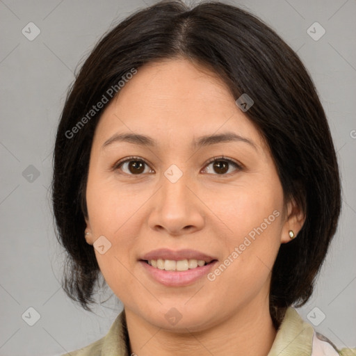 Joyful asian young-adult female with medium  brown hair and brown eyes