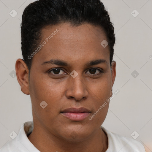 Neutral latino young-adult female with short  brown hair and brown eyes