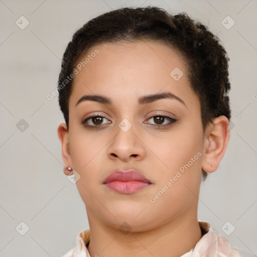 Neutral latino young-adult female with short  brown hair and brown eyes