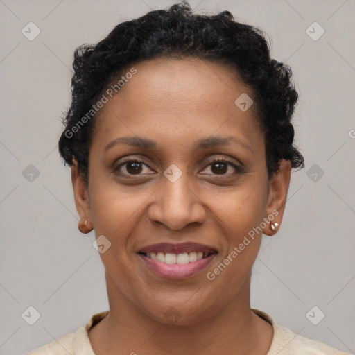 Joyful latino young-adult female with short  brown hair and brown eyes