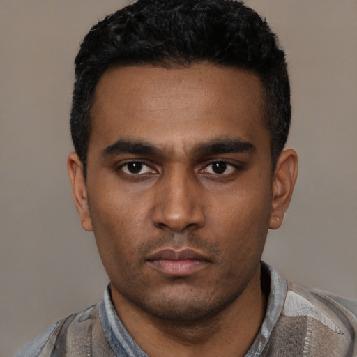 Neutral latino young-adult male with short  black hair and brown eyes