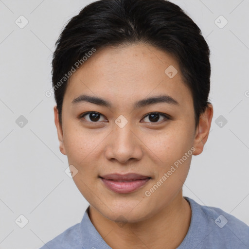 Joyful asian young-adult female with short  brown hair and brown eyes