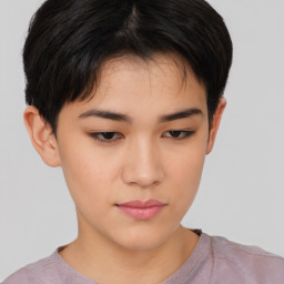 Neutral asian young-adult female with short  brown hair and brown eyes