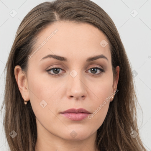 Neutral white young-adult female with long  brown hair and grey eyes