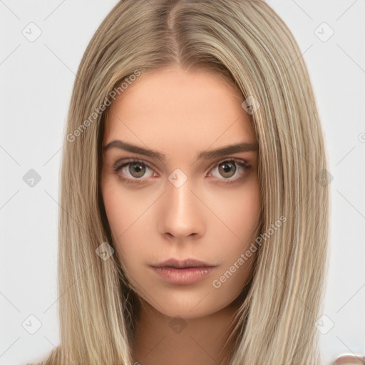 Neutral white young-adult female with long  brown hair and brown eyes