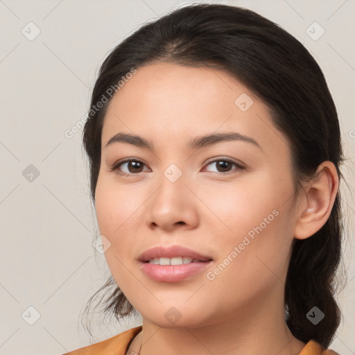 Joyful white young-adult female with medium  brown hair and brown eyes