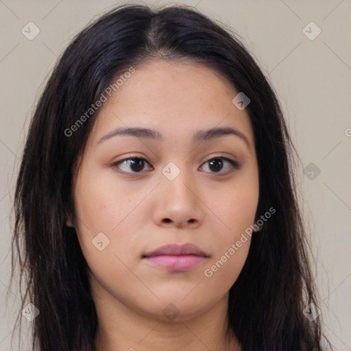 Neutral asian young-adult female with long  brown hair and brown eyes