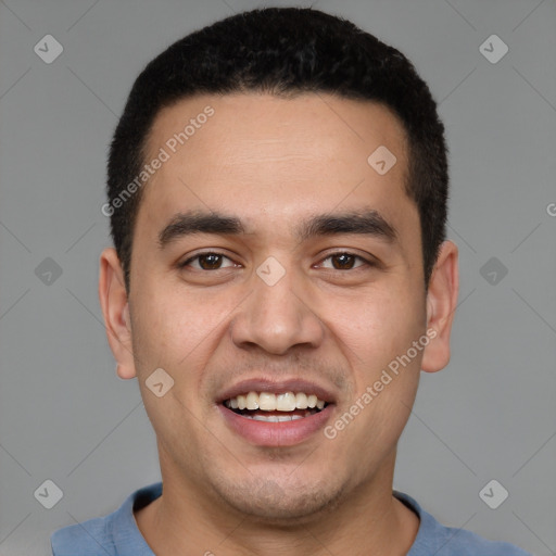 Joyful white young-adult male with short  black hair and brown eyes