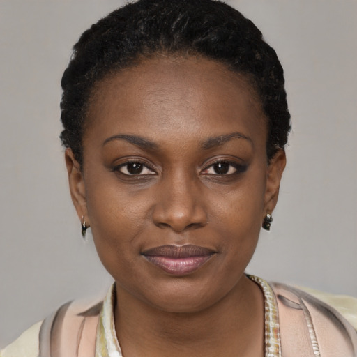 Joyful black young-adult female with short  brown hair and brown eyes