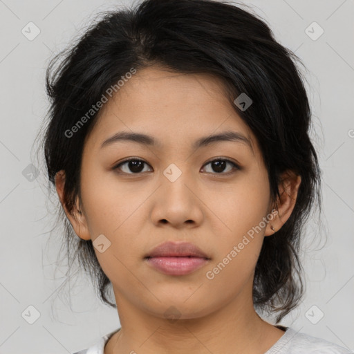 Neutral asian young-adult female with medium  brown hair and brown eyes