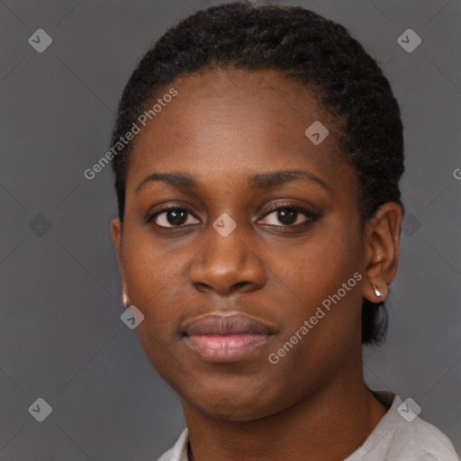 Neutral black young-adult female with short  black hair and brown eyes