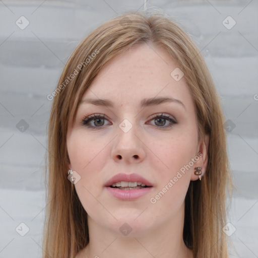 Joyful white young-adult female with long  brown hair and grey eyes