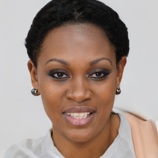Joyful black young-adult female with short  brown hair and brown eyes