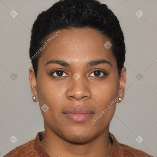 Joyful black young-adult female with short  black hair and brown eyes