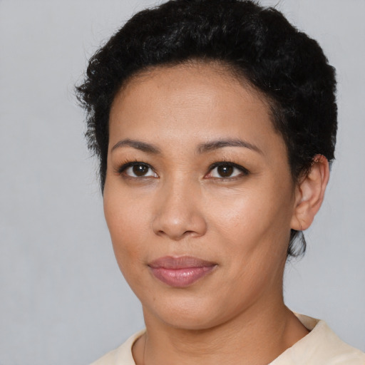 Neutral latino young-adult female with short  brown hair and brown eyes