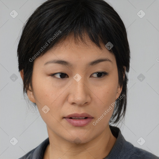 Neutral asian young-adult female with medium  brown hair and brown eyes