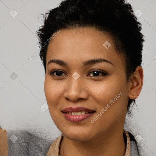 Joyful latino young-adult female with short  black hair and brown eyes