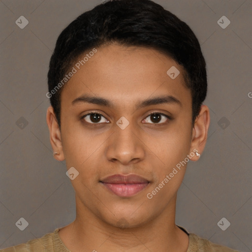 Joyful latino young-adult male with short  brown hair and brown eyes