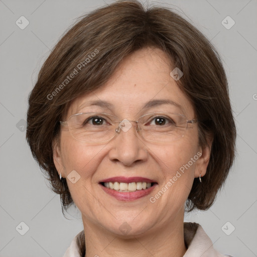 Joyful white adult female with medium  brown hair and grey eyes